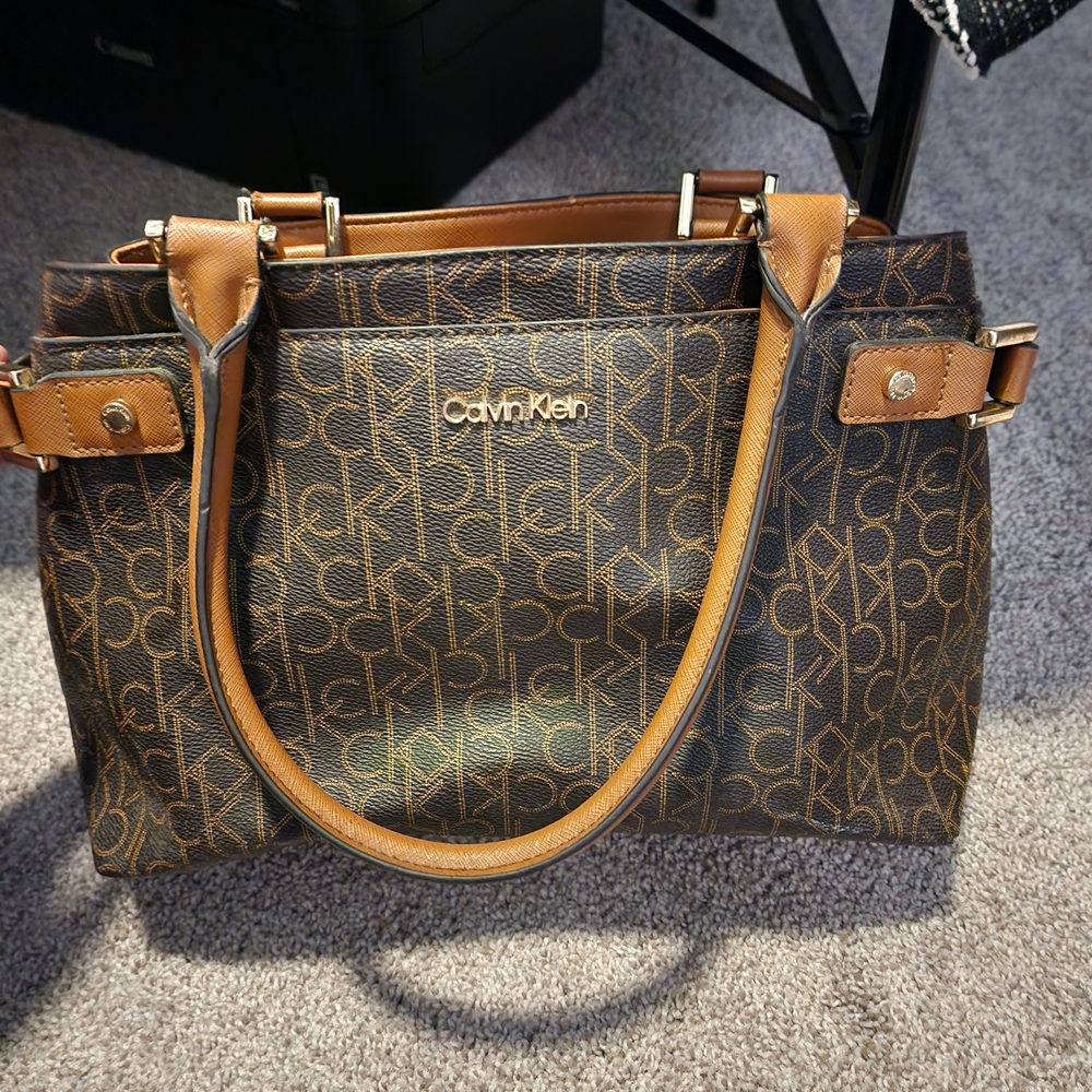 Calvin Klein Tan and Brown Monogram Shoulder Bag